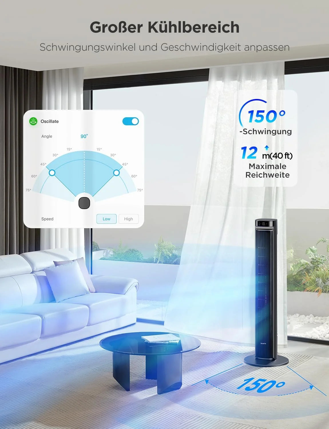GoveeLife 27 dB leiser Ventilator. 12 Geschwindigkeiten bis zu 8 m/s. 5 Modi. 24-Stunden-Timer. intelligenter Turmventilator mit 150°-Oszillation. APP