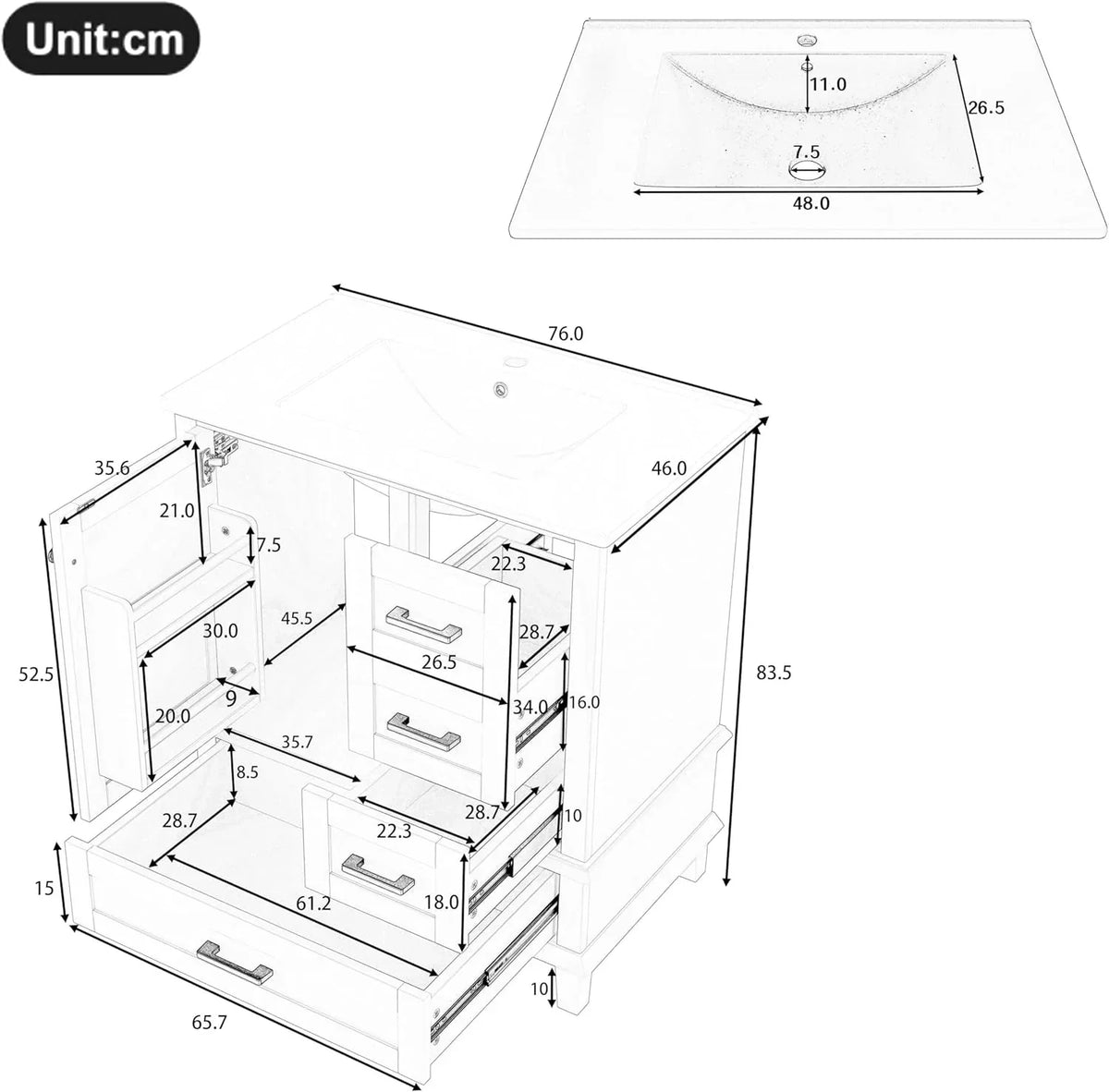 Moimhear Mueble de baño de pie. lavabo. lacado completo. tres cajones silenciosos. lavabo de cerámica integrado (blanco. 76 x 46 x 83.5 cm)