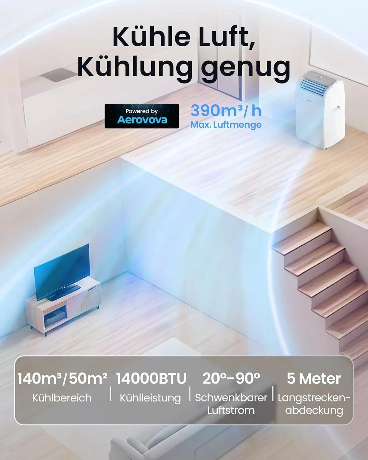 Newentor mobile Klimaanlage 14000 BTU. Klimaanlage mobil mit Abluftschlauch für Räume bis 50m2. kühlen/entfeuchten/ventilieren mit Fernbedienung