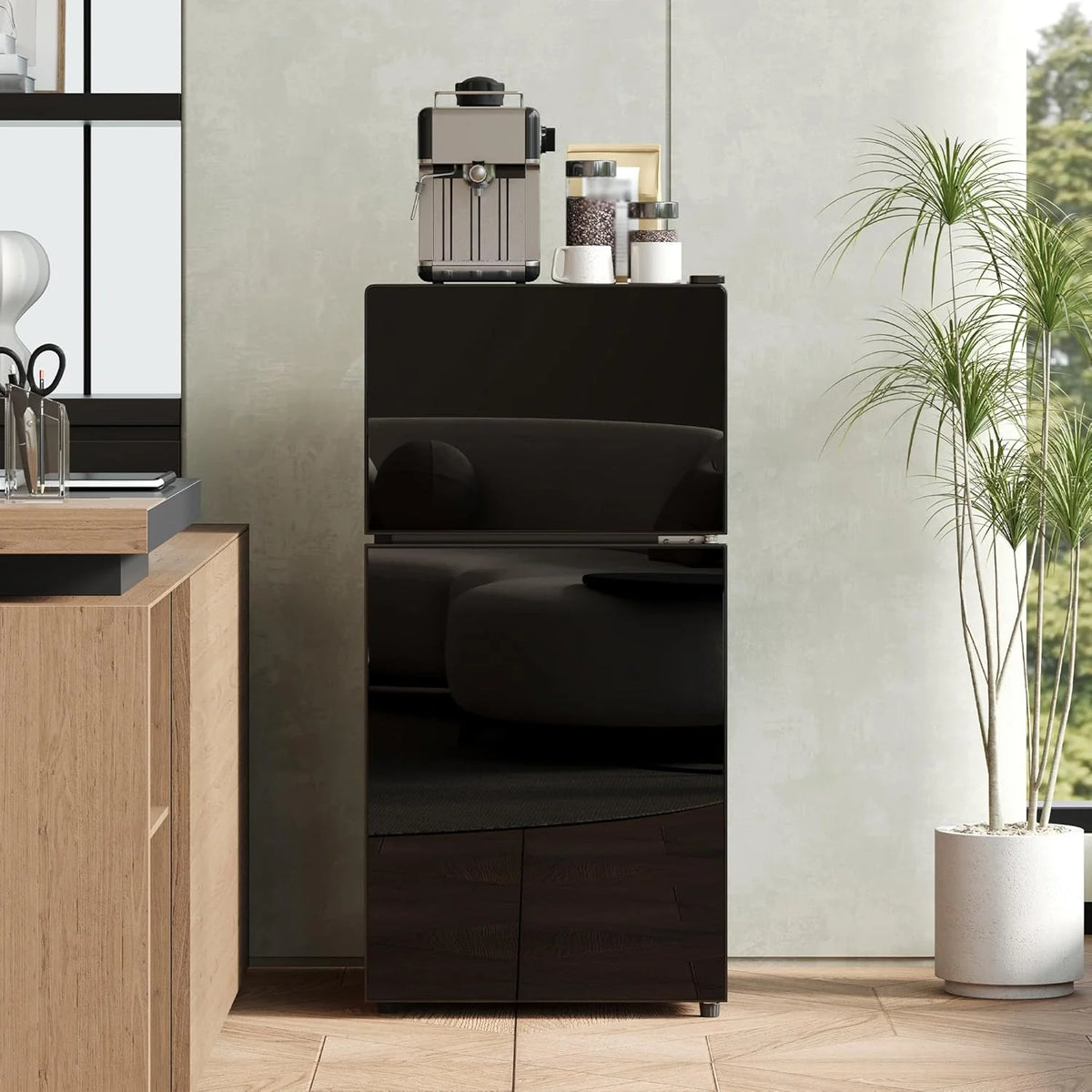Merax Kühlschrank mit Gefrierfach. 60L Kleiner Kühlschrank. kompakt. Glastür. LED-Innenbeleuchtung. manuelle Temperaturregelung. Glasablagen. 45 dB(A)