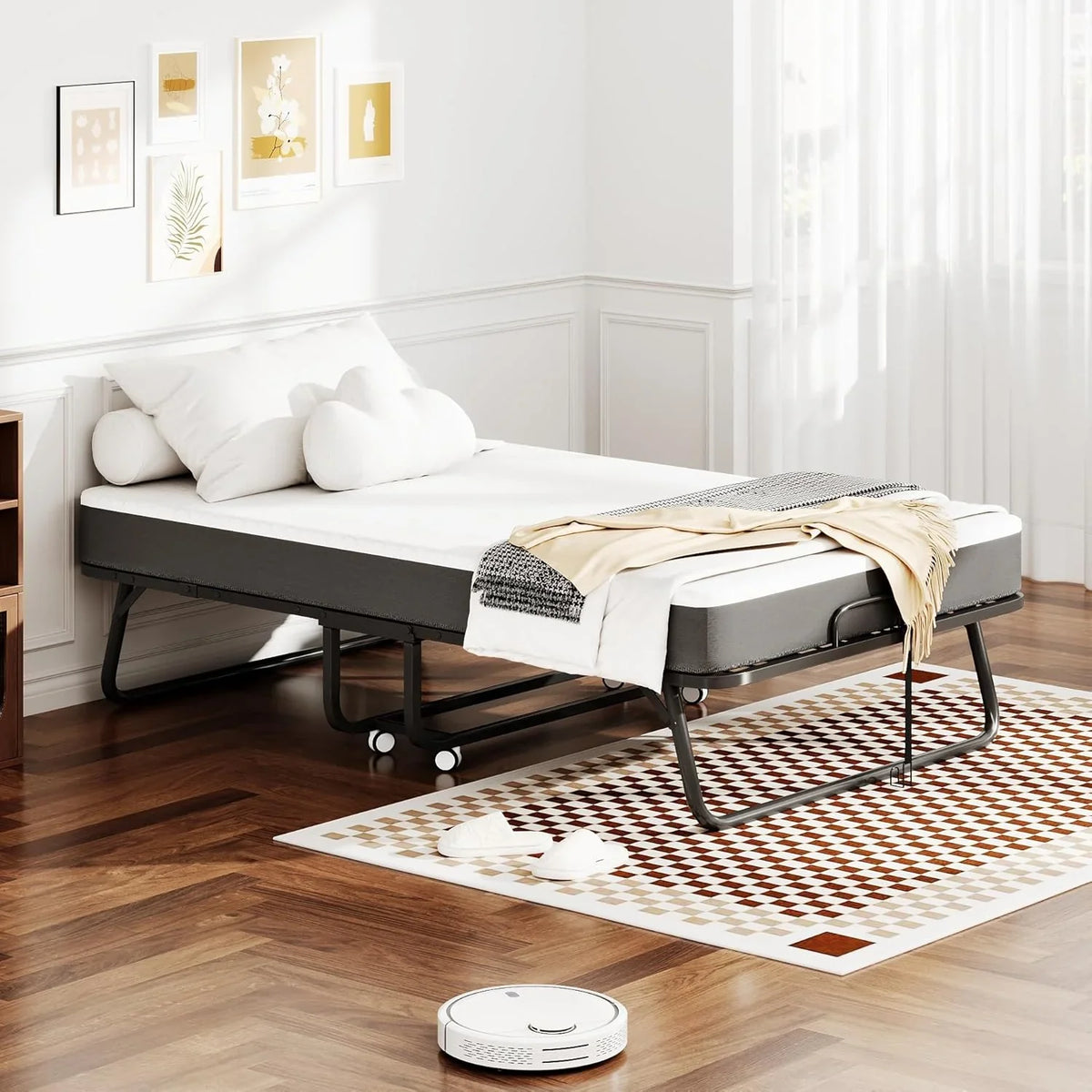 Cama Plegable de 120 cm con Colchón de 13cm (Viscoelástica). Somier Reforzado de Metal con 4 Ruedas y Funda Antipolvo. Cama Supletoria de Invitados
