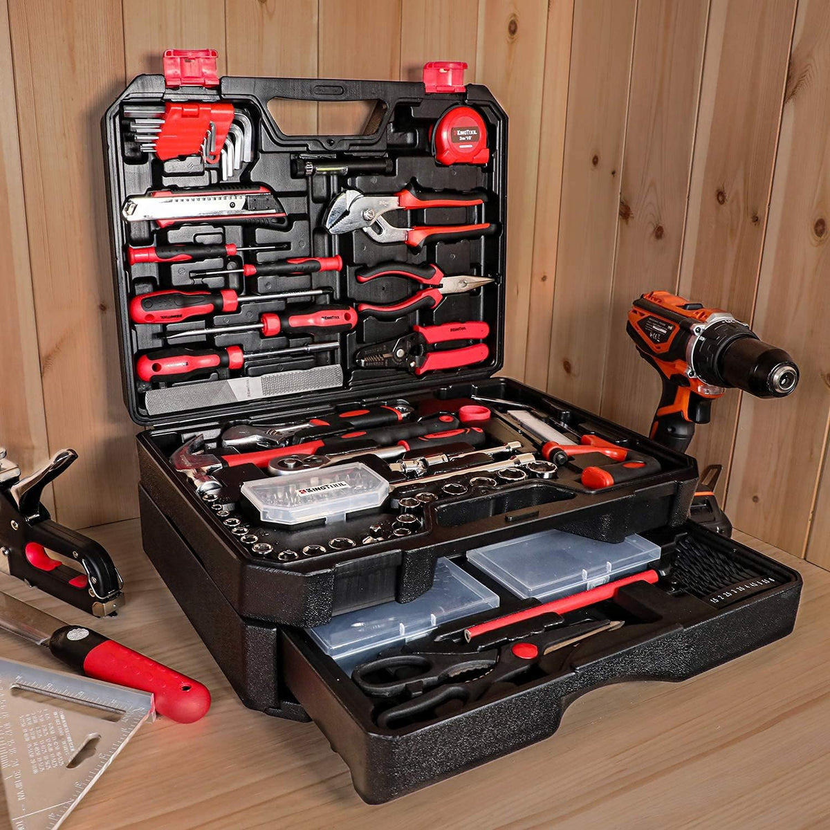Home Tool Set Kit - 286 PCS Home Auto Repair Tool Kit with Rolling Tool Box. Mechanic Tool Sets with 21V Max Cordless Power drill. Perfect for Homeowner. Diyer. Handyman