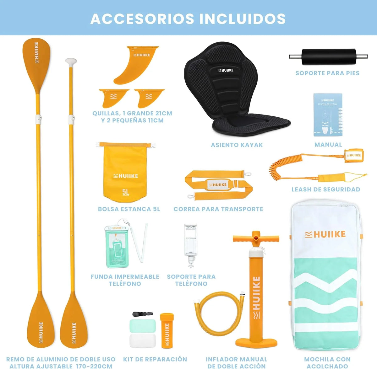 HUIIKE Tabla Paddle Surf Hinchable con Accesorios Incluidos. Remo. Quillas. Inflador. Stand Up Paddle Board Gran Estabilidad y Resistencia. 305 x 84 x