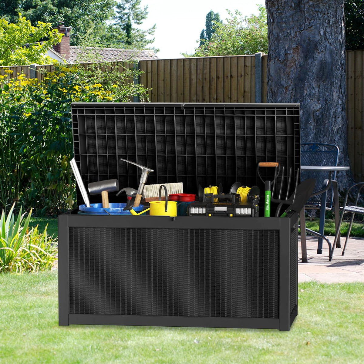 260-gallon large outdoor storage XL outdoor box. suitable for garden furniture. outdoor cushions. garden tools. sports equipment and pool supplies. Made of waterproof resin material. lockable. in gray color scheme.