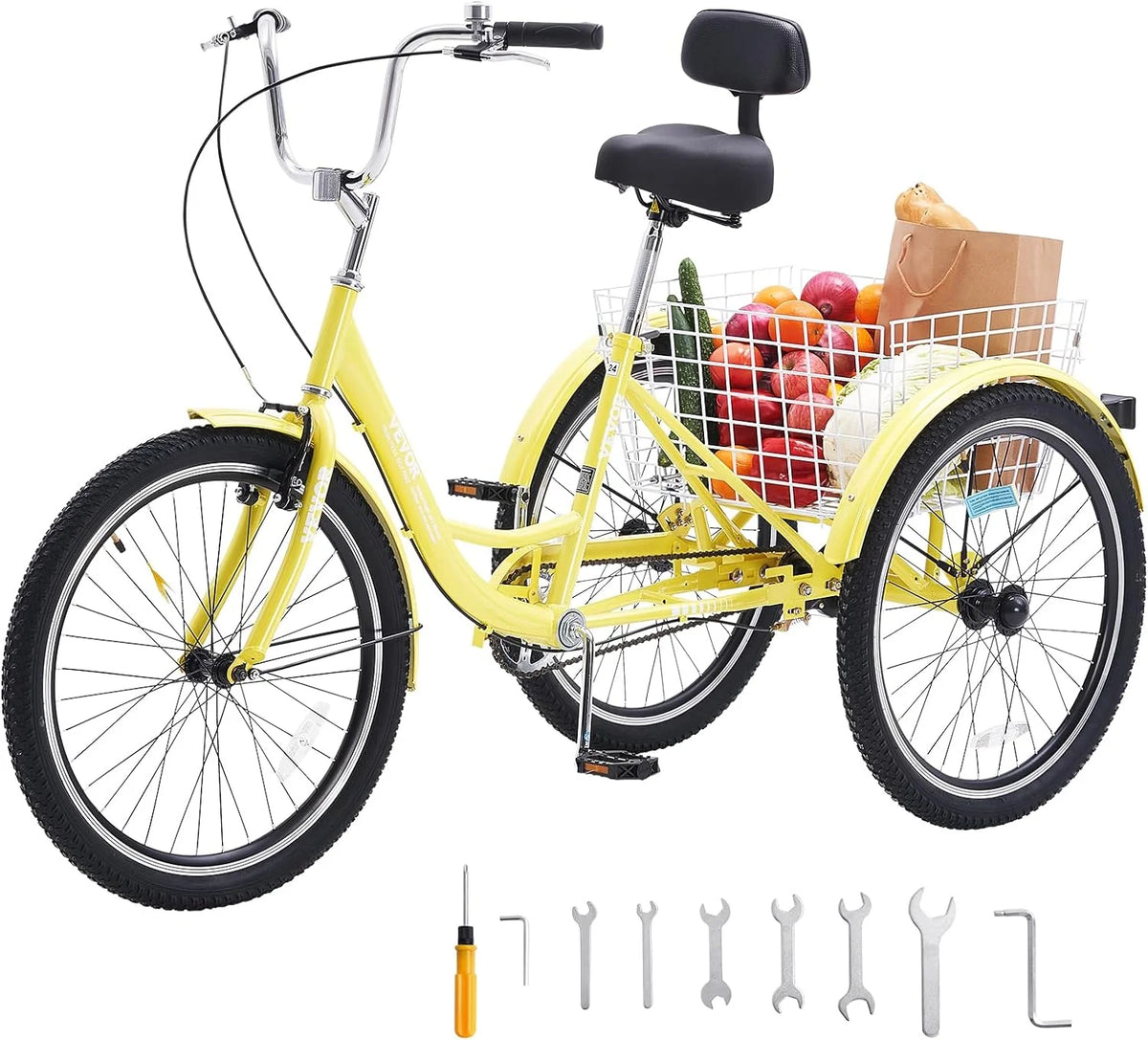 Adult tricycles. 20-inch tricycles. tricycle motorcycles. carbon steel leisure bicycles with baskets and adjustable seats. suitable for elderly. female and male picnic and shopping tricycles (yellow)