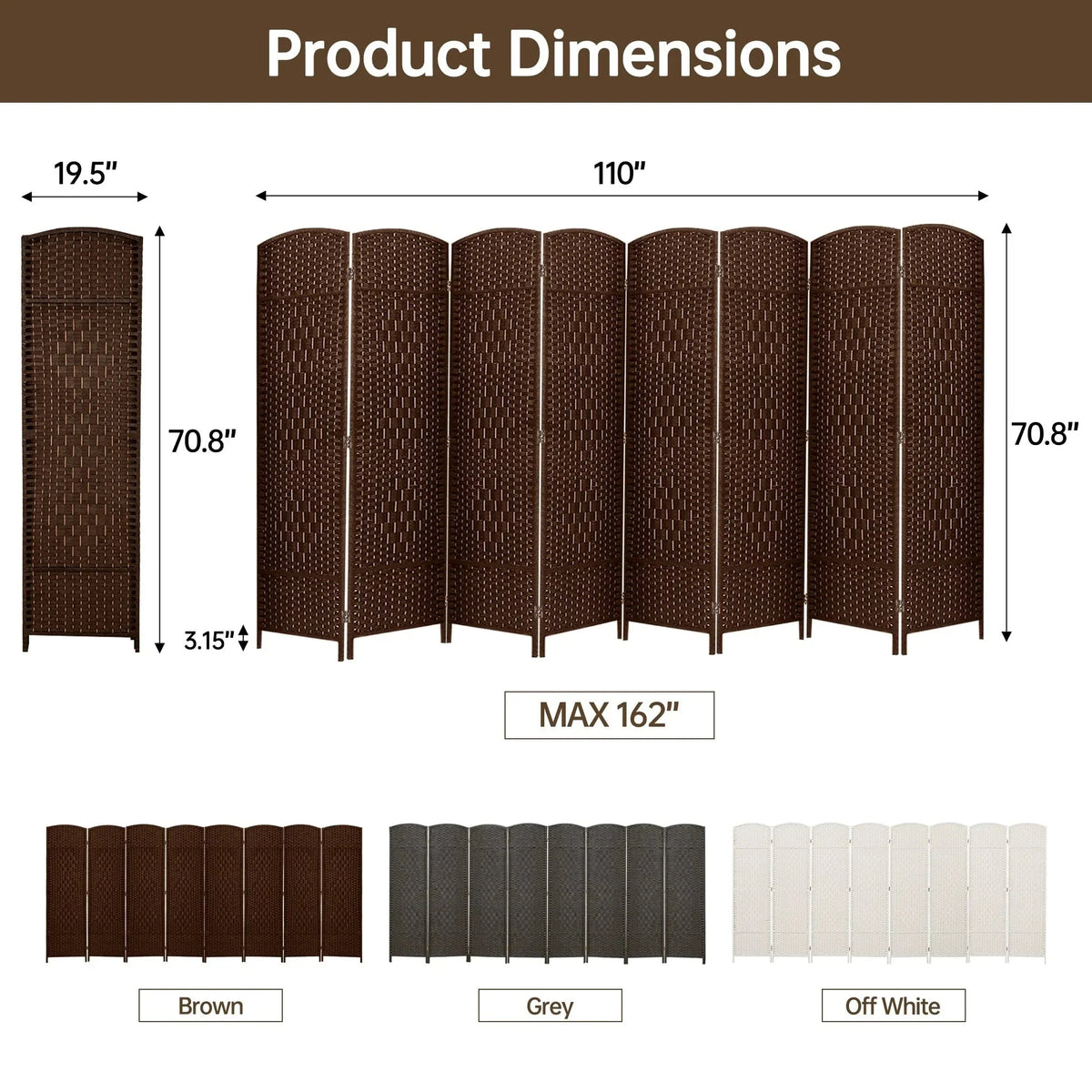 6 FT Tall Woven Fiber Room Divider. Freestanding Folding Privacy Screen