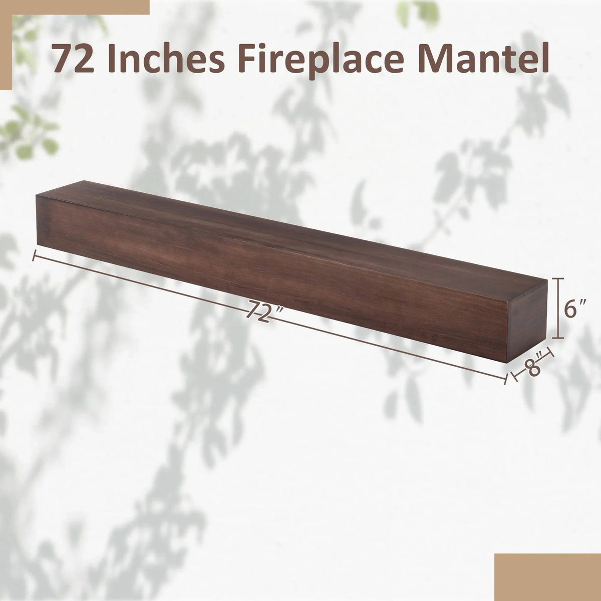 72 Inch Solid Pine Fireplace Mantel. Wall Mounted Floating Shelf in Brown