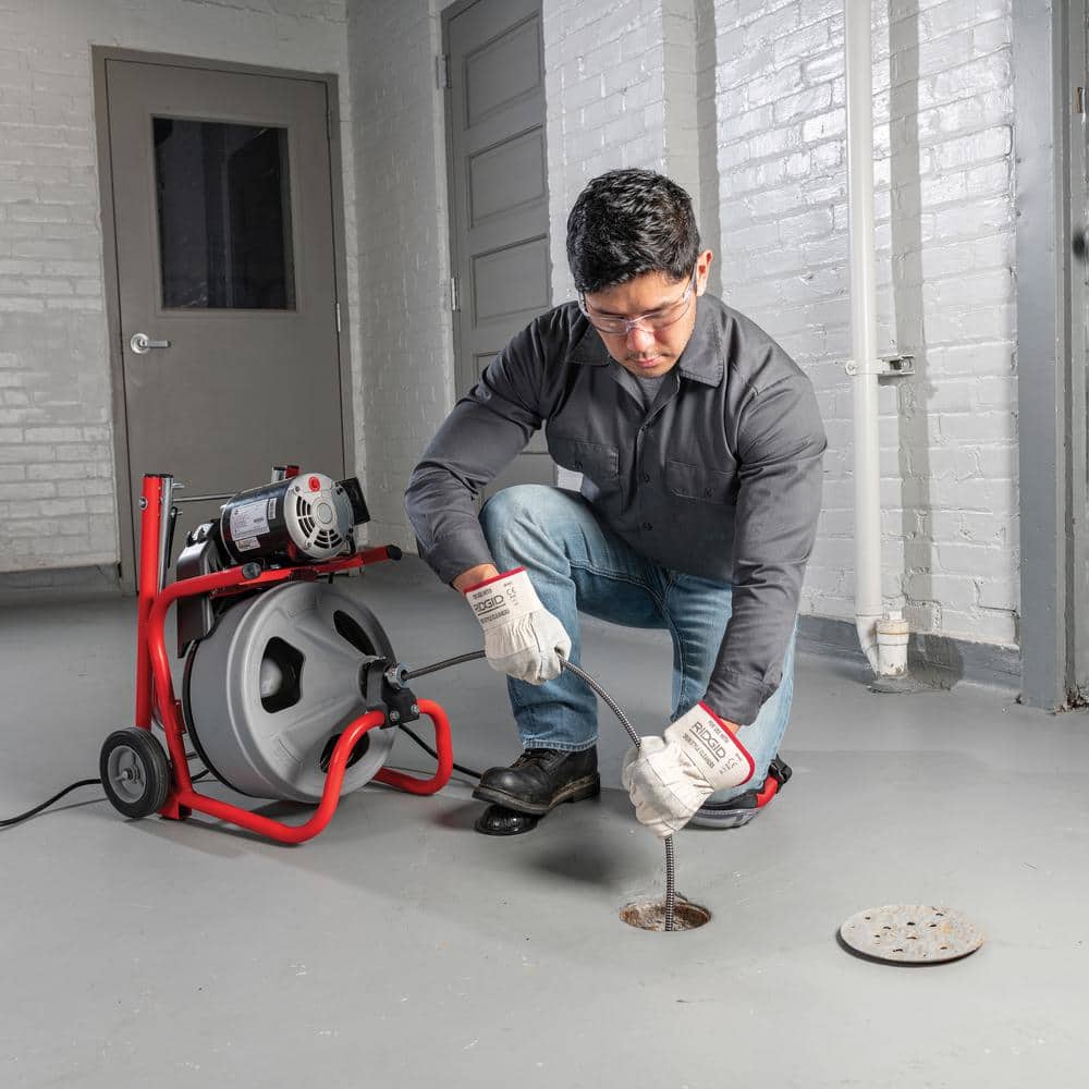 120V Drum Drain Cleaning Snake Auger with 3/8-In. x 75-Ft. Cable. 4-Piece Tool Set and Gloves