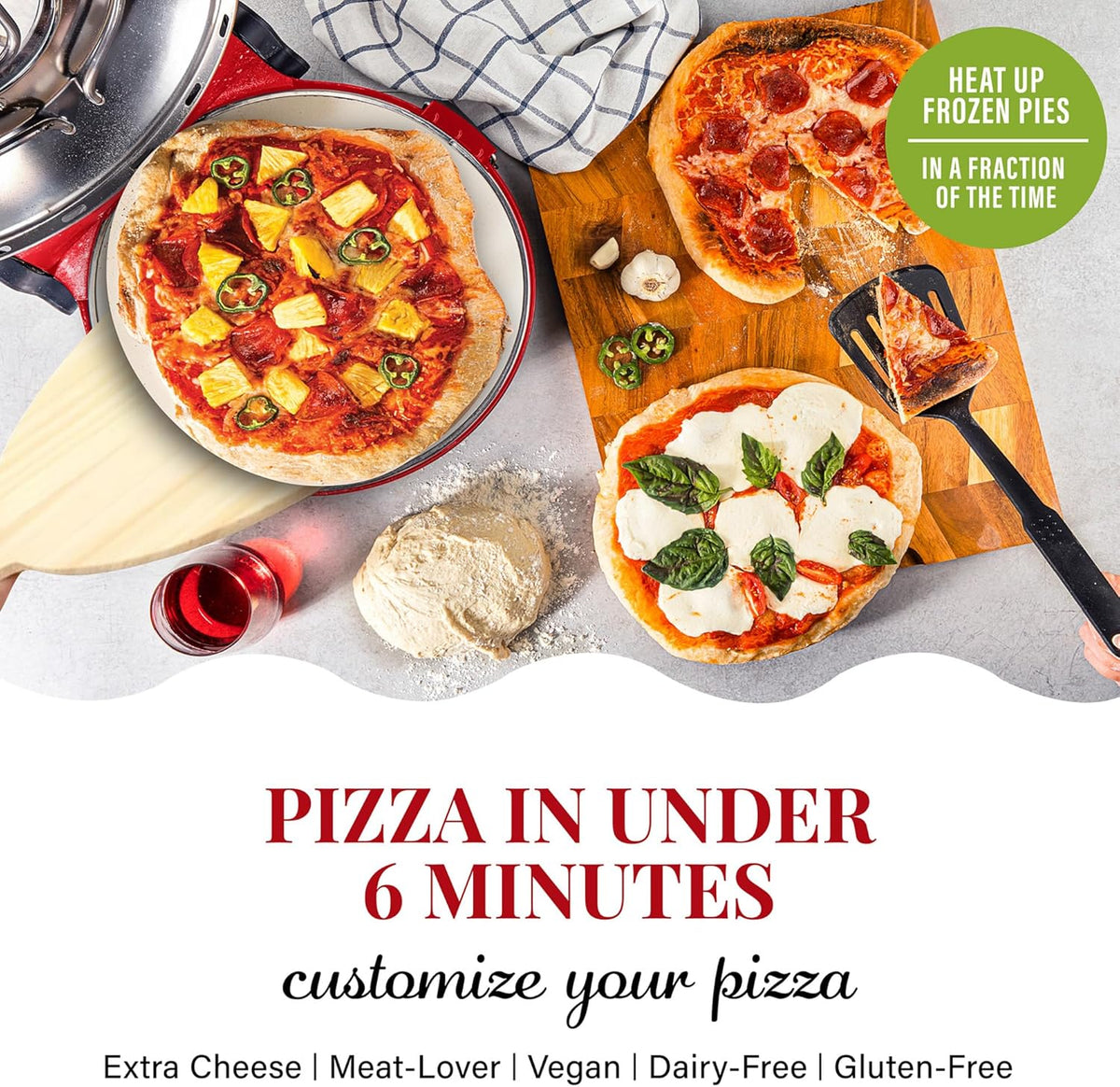 Pizza oven. with pizza cutter and dough roller. 12-inch portable indoor electric oven. 12-inch indoor pizza oven