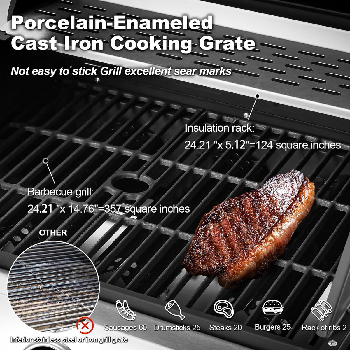 4-Burner Propane Gas Grill with Cast Iron Grates. Side Stove and 44.000 BTU Stainless Steel Burners