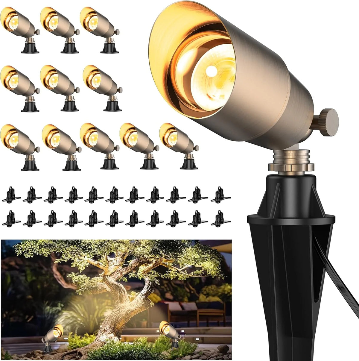 Solid Brass Outdoor Uplights & Accent Light Fixtures. Heavy Duty 12V Low Voltage LED Landscape Lighting Bronze. Wired Spotlights for Garden.Lawn.Patio and Yard Without LED Bulb (12 Pack)