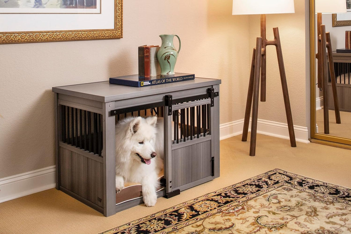 Farm sliding cowshed door furniture-style dog cage - antique white. large size. Unique style. durable and sturdy. Removable seat cushion. Easy to assemble.