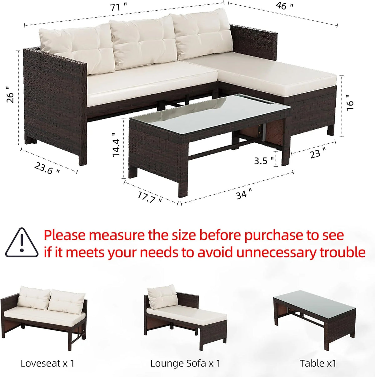 Outdoor Patio Furniture Sets. Wicker Patio sectional Sets 3-Piece. All Weather Wicker Rattan Patio Seating Sofas with Glass Coffee Table and Cushion (Beige)