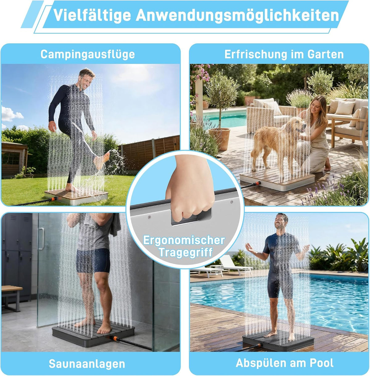 UISEBRT Gartendusche Außendusche aus WPC und Aluminium - Mobile Bodendusche Solardusche Campingdusche - Fontänenhöhe bis 4m einstellbar - für Pool