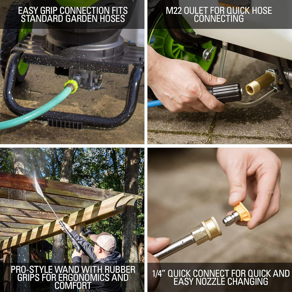 2300 pounds/square inch true brushless electric high-pressure cleaning machine (2.3 gallons/minute). 25 feet hose. quick-connect nozzle. 15°. 24°. 40° soap nozzles and turbine nozzle