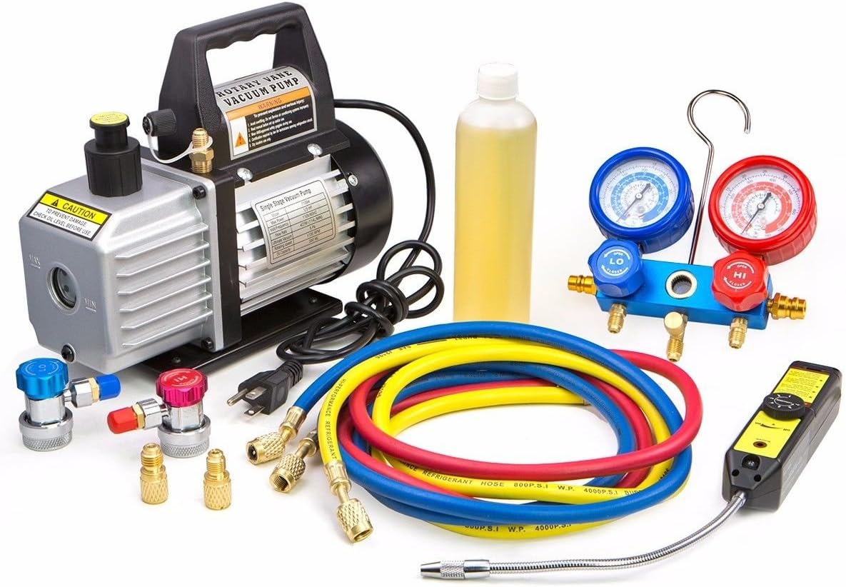 4 CFM HVAC A/C Refrigeration Vacuum Pump and Manifold Gauge Kit with R134a Tap. Leak Detector and Carrying Bag