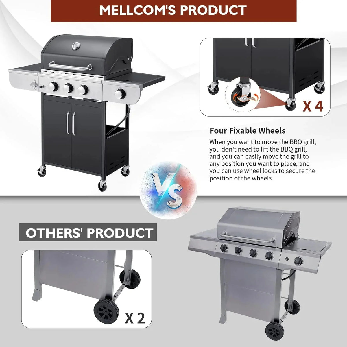 4-Burner Propane Gas Grill with Cast Iron Grates. Side Stove and 44.000 BTU Stainless Steel Burners