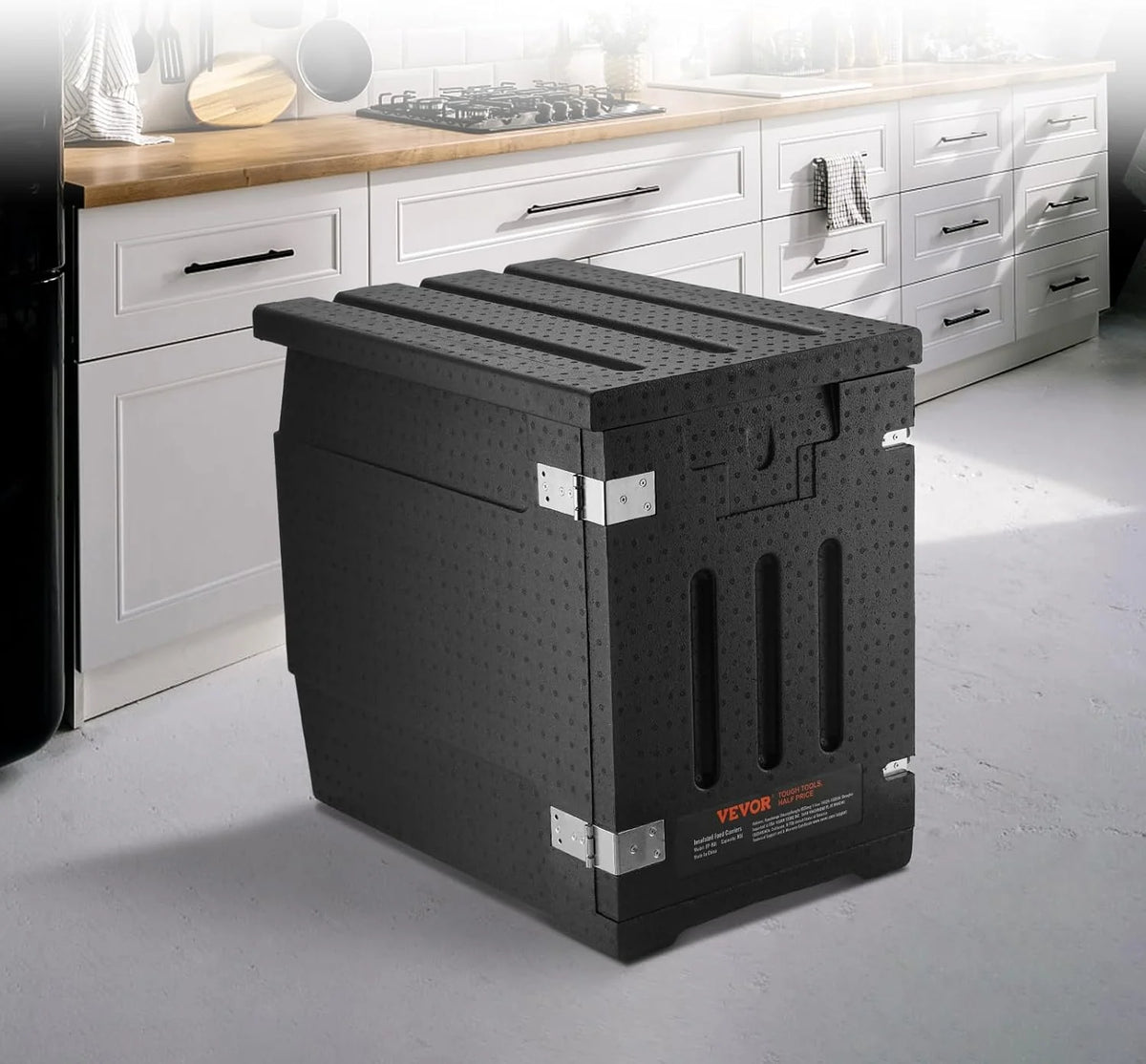 Food tray transportation box. 95-gallon insulated box for the catering industry. LLDPE food tray box with double clasps. front-mounted food heater with handle. suitable for stacking end loaders in restaurants. canteens. etc. black