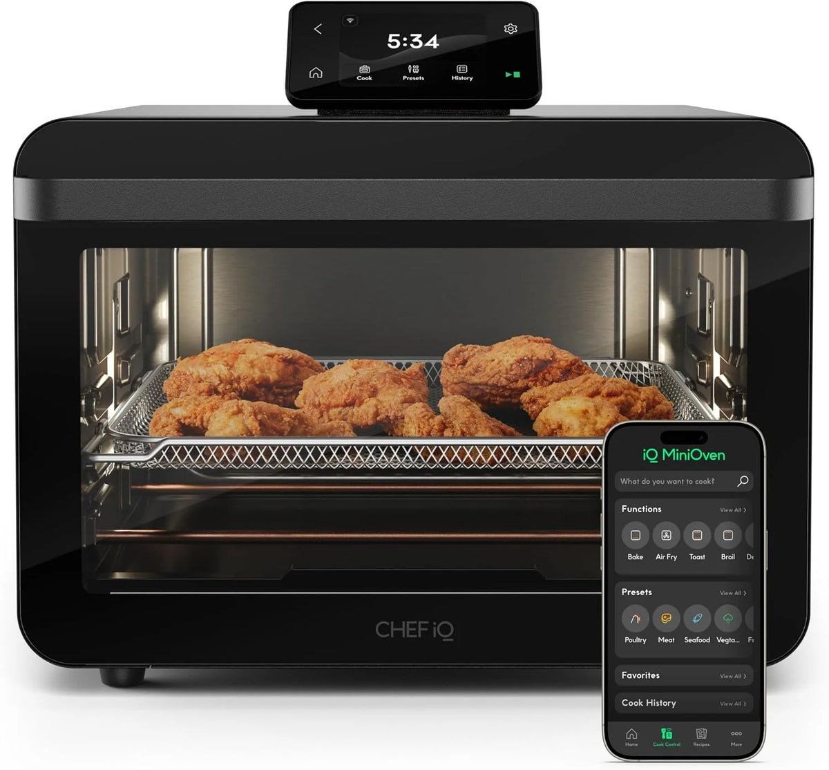 Intelligent oven and fryer combo. 11 integrated functions - countertop convection oven for baking. roasting. air frying. baking. dehydrating. 1750 watt power. 25 gallon capacity. controlled by touch screen for quick cooking - black