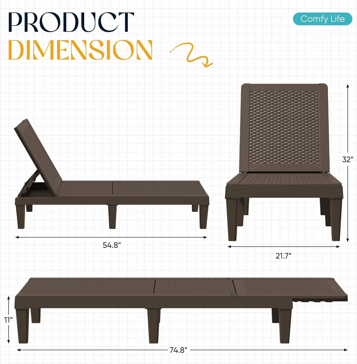 Outdoor Chaise Lounge Chair Set of 2 for Patio Poolside. Waterproof & Adjustable & Easy Assembly Sun Lounger for Outside Deck. Pool. Beach. Black