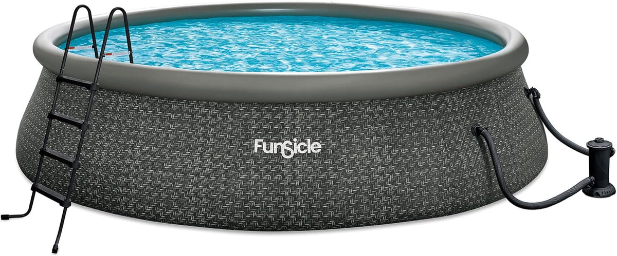 12 Foot by 36 Inch Quickset Round Inflatable Ring Top Outdoor Above Ground Swimming Pool Set with Pump and Cartridge Filter. Dark Herringbone