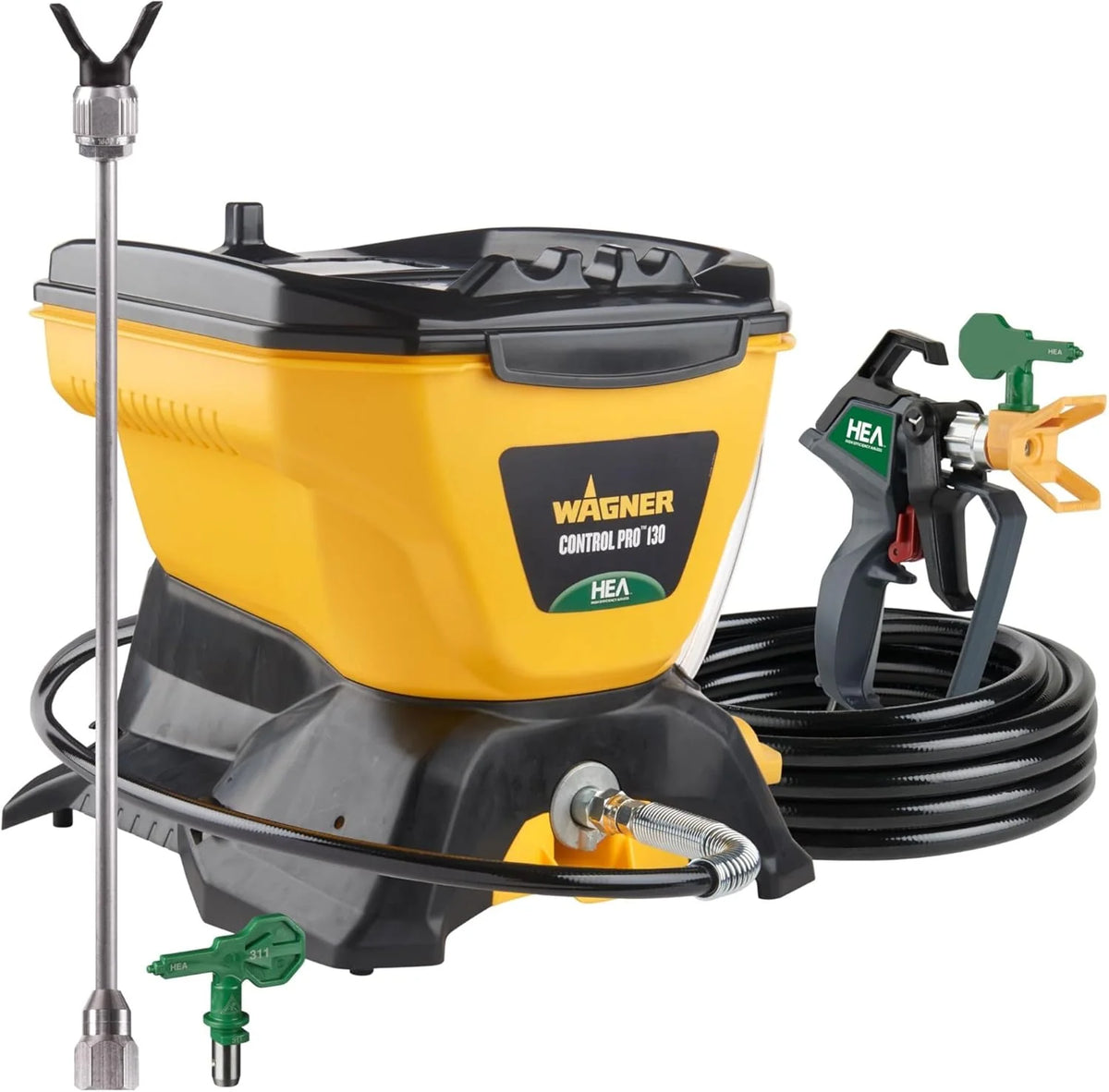Spray gun kit. high-efficiency airless sprayer. low overspray. equipped with a 12-inch extension rod. suitable for large projects. with 515 and 413 type nozzles. yellow in color.