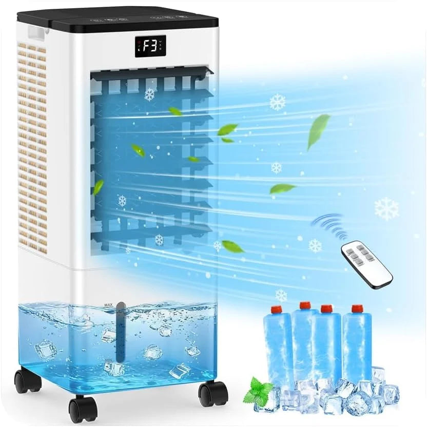 Aire Acondicionado Portátil sin Tubo. Enfriador de Aire Grande 4 en 1. 4 Modos 3 Velocidades. Climatizador Evaporativo 60W. Temporizadores de 1-12 H.