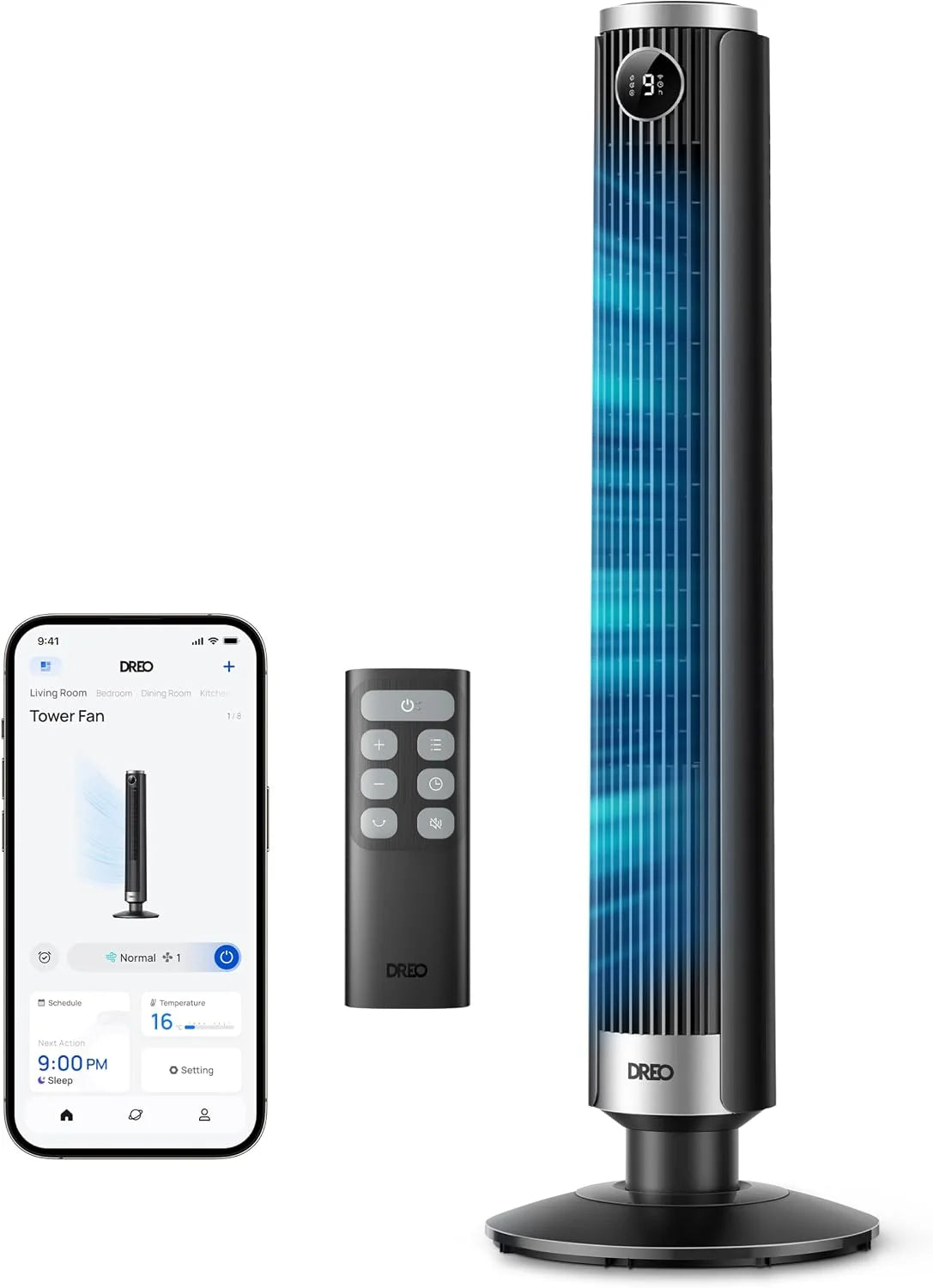 DREO Smart 102–114cm Turmventilator fürs Schlafzimmer. Höhenverstellbar. 8.4m/s. DC-Motor. 9 Stufen. 4 Modi. 90°-Oszillation. Standventilator. 20dB
