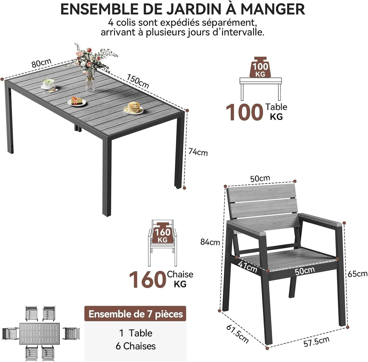 Devoko HDPS Conjunto de jardín de exterior de 7 piezas. resistente a la intemperie.con mesa de 150 cm y 6 sillas de jardín de exterior de aluminio.