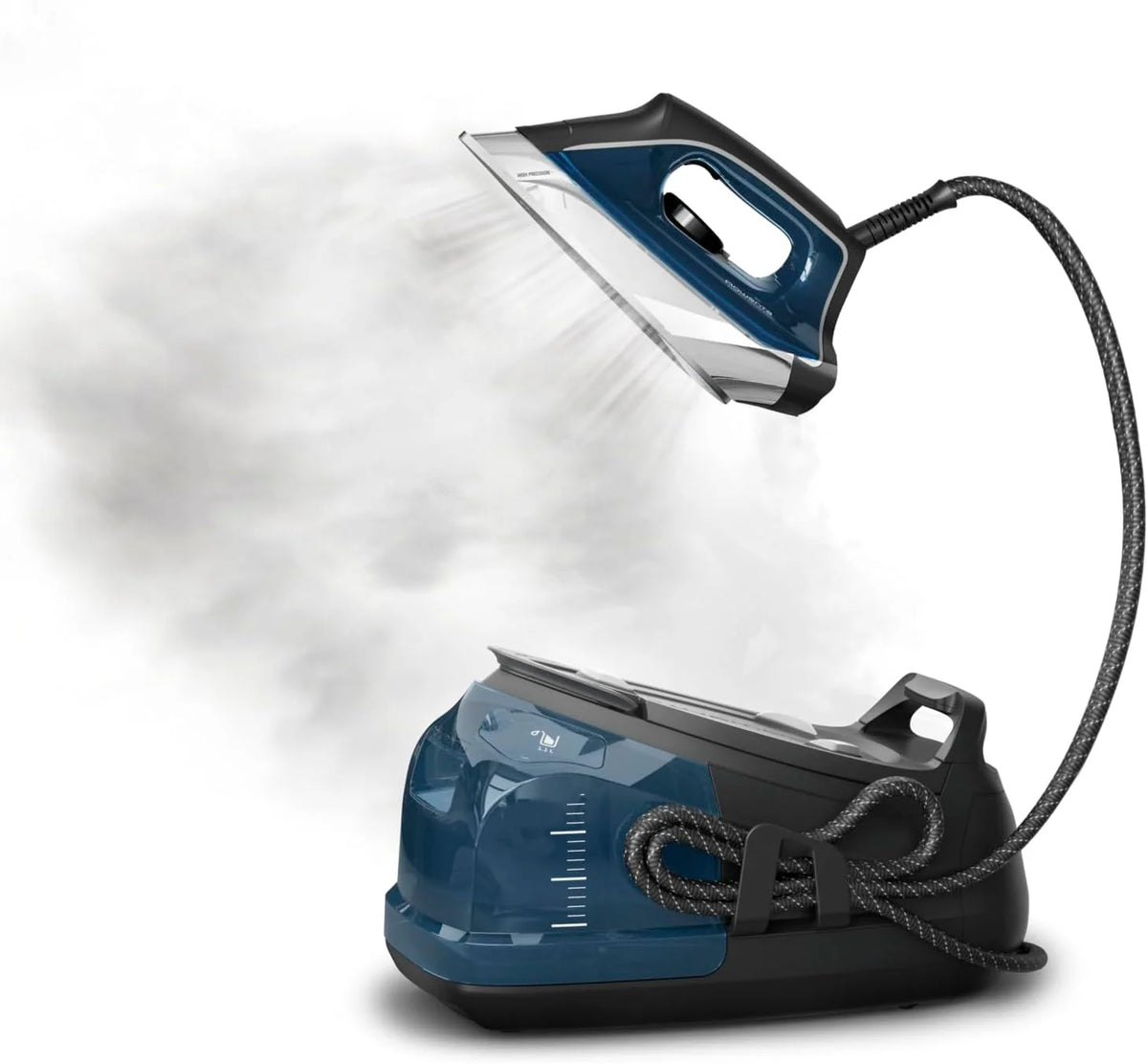Professional steam laundry device with stainless steel base plate. 1.1-liter detachable water tank. quick heating. 1800-watt power. blue fabric steam iron