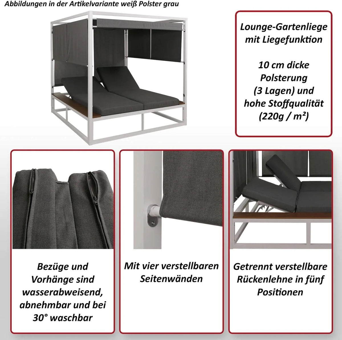 Mendler Aluminium Lounge-Gartenliege HWC-M63b. XL Sonnenliege Daybed. 10cm-Polster 200cm - weiß Polster grau