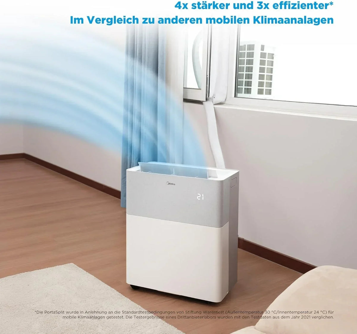 Midea Portasplit Klimaanlage. Mobile Wärmepumpe. Kühlen A++/Heizen A+. 12000 BTU 3. 5kW. für Räume bis zu 42 m² / 105 m³. nur 39 dB(A) im Silent-Modus