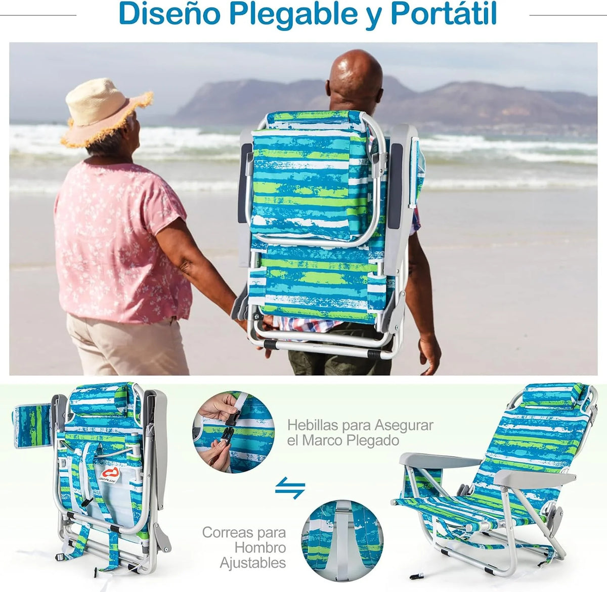COSTWAY Silla Plegable de Playa. Tumbona con 5 Posiciones. Portavasos. Bolsillos de Almacenamiento. Correas de Hombro. Soporte para Toallas. Almohada.
