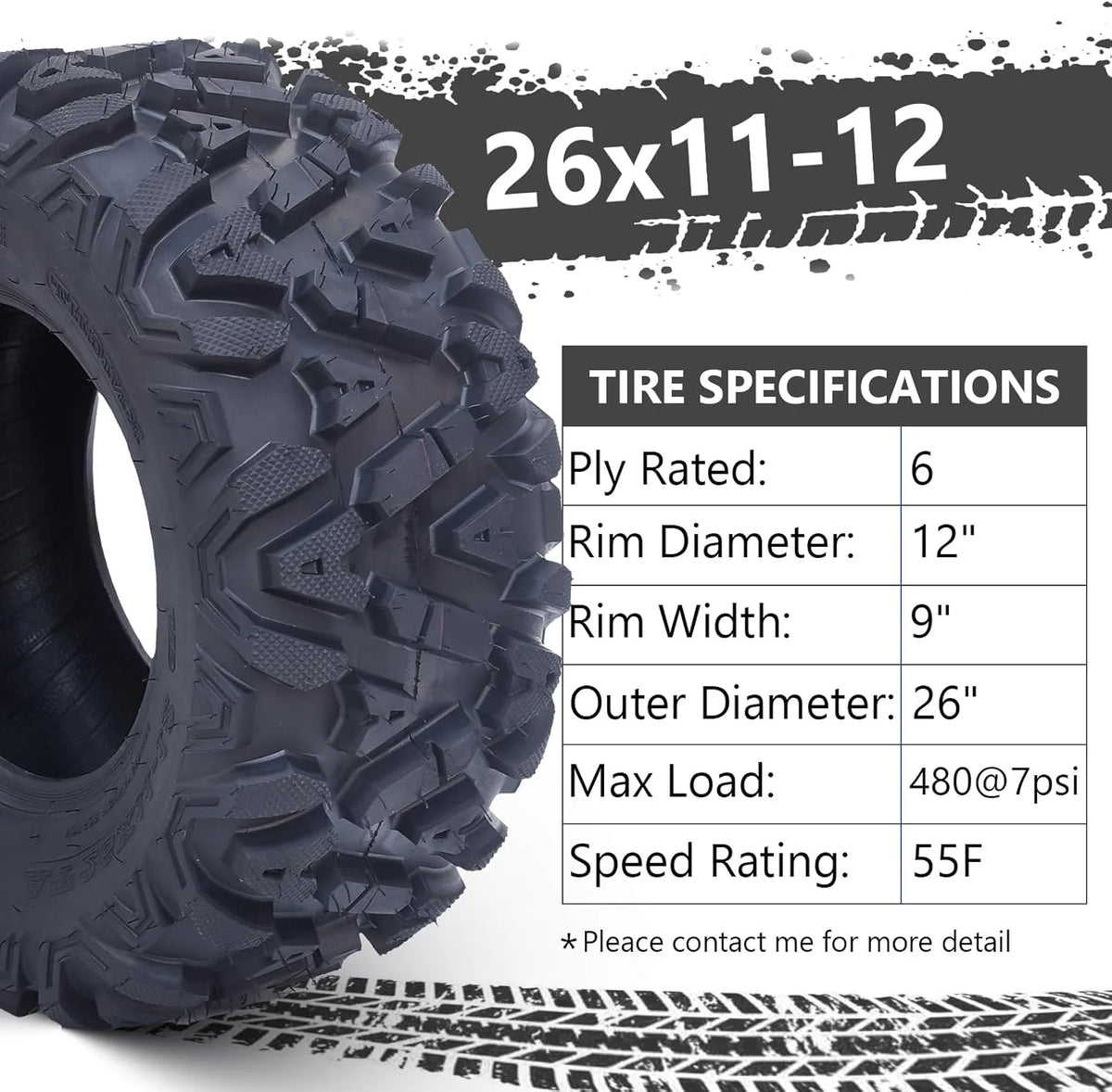 26x12x12 Atv Tires. Set of 2 Atv Tires 26x12-12 6PR. All Terrain Atv/Utv Off-Road Tires. Black