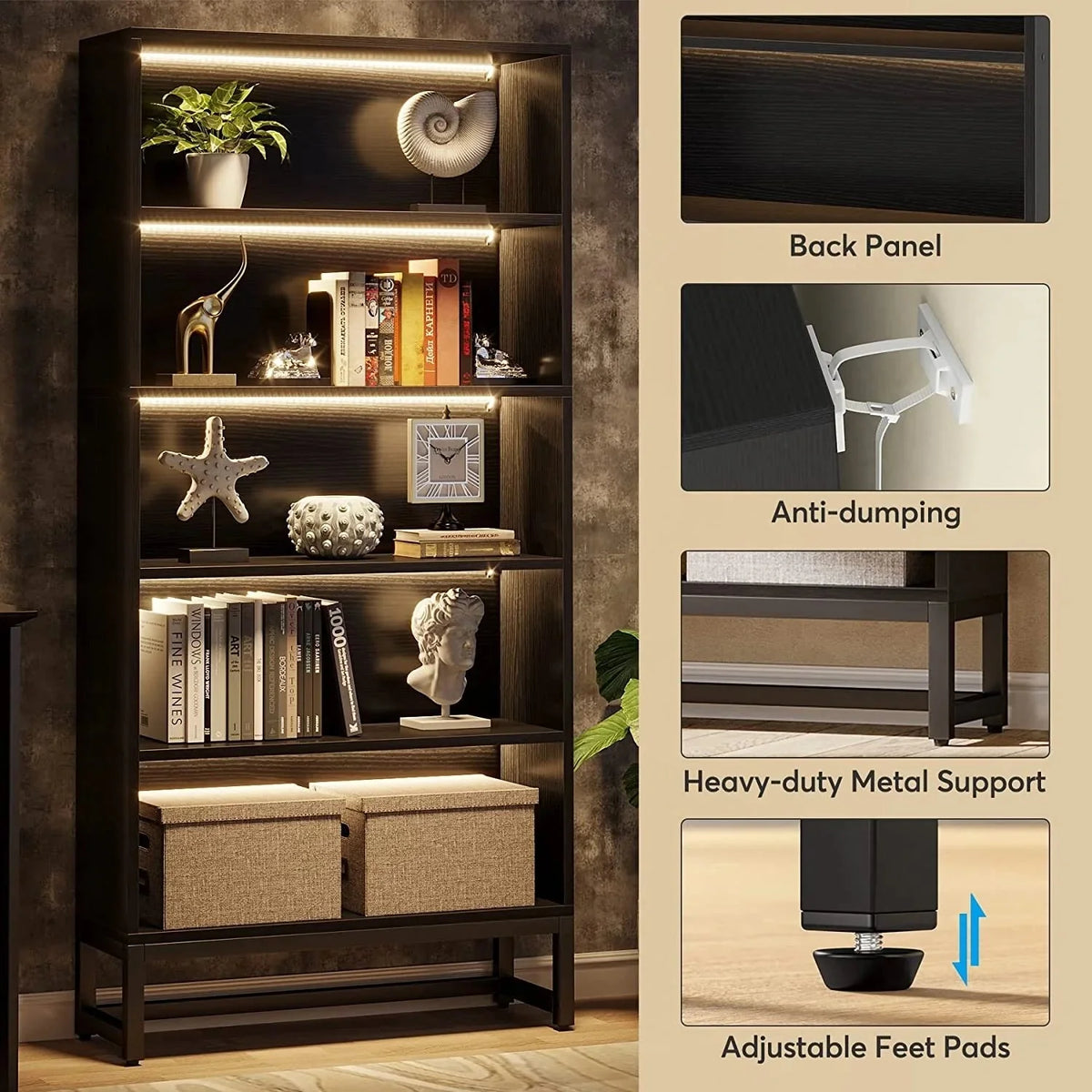 70.87 Inch Tall 5-Tier Bookcase. Large Bookshelf with 31.5 Inch Wide Storage
