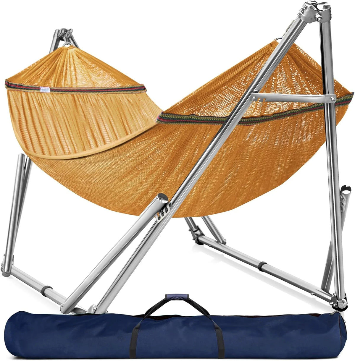 Double hammock with frame. with a load capacity of 650 pounds. double hammock with support rods. made of high-quality 201 stainless steel. assembled in 30 seconds. sturdy and flexible portable hammock frame. suitable for outdoor and indoor use. black