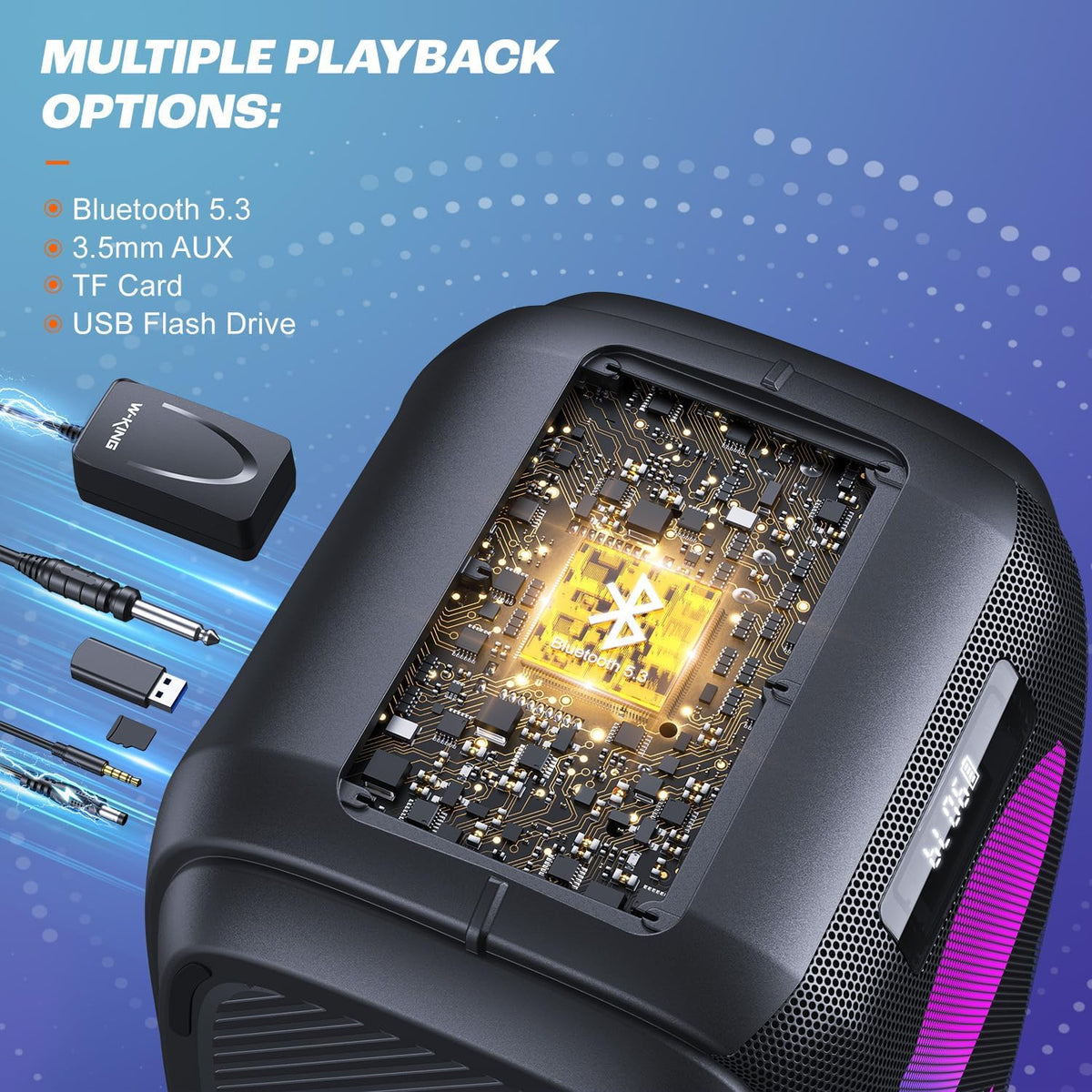 Peak Party Large Bluetooth Speaker - Maximum Volume Amplifier / 12 Custom Low-End Units / Up to 125 Decibels for 6.5-inch x 2 Low-End Speakers / Deepest Bass Effect. Large Portable Wireless Speaker. IPX5 Water Resistance Rating / Microphone Jack / RJ