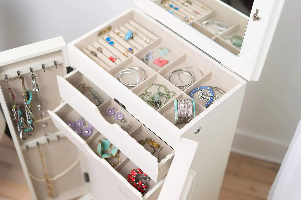 Hives and Honey Cabby Standing Jewelry Armoire – Fully Locking Wood Jewelry Storage with Mirror. 7 Drawers. Necklace Hooks. and Anti-Tarnish Lining — Turquoise