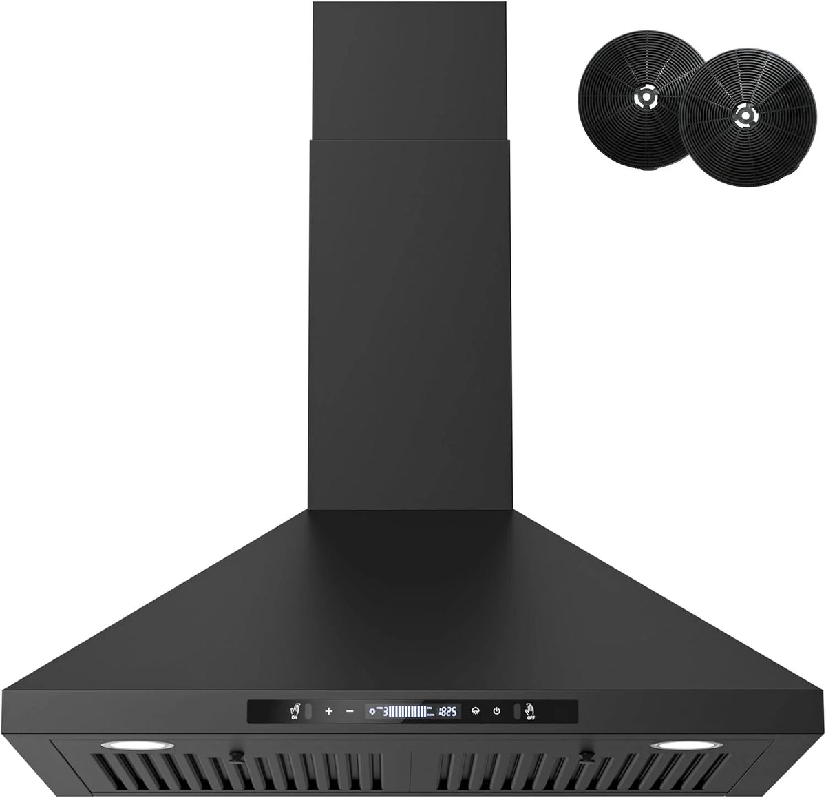 Wall-mounted black kitchen exhaust hood. 30 inches. 900 cubic feet per minute. built-in exhaust duct. three-speed exhaust fan. gesture/touch control. timer function. two baffles filters. stainless steel stove exhaust hood