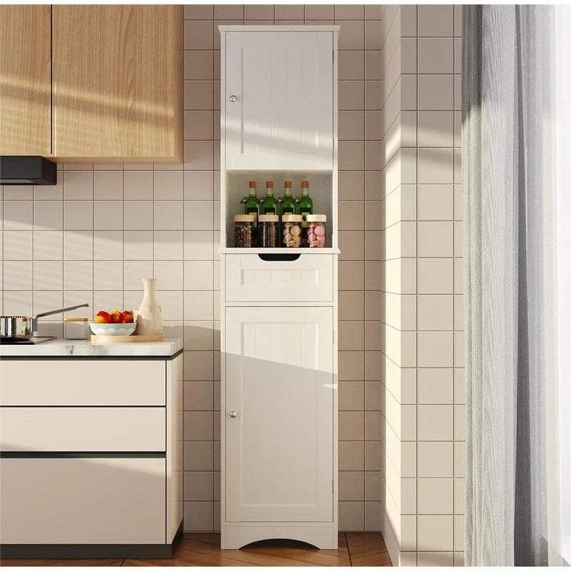 67 Inch Tall Narrow Bathroom Linen Cabinet. 5-Tier Solid Wood Freestanding Storage Cabinet