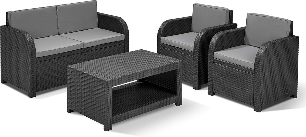 Allibert by Keter Modena Gartenmöbel Set aus Kunststoff. inkl. Sitzkissen. grau. 4-teilig. 2 Sessel. Sofa & Tisch. für Garten. Balkon & Terrasse.