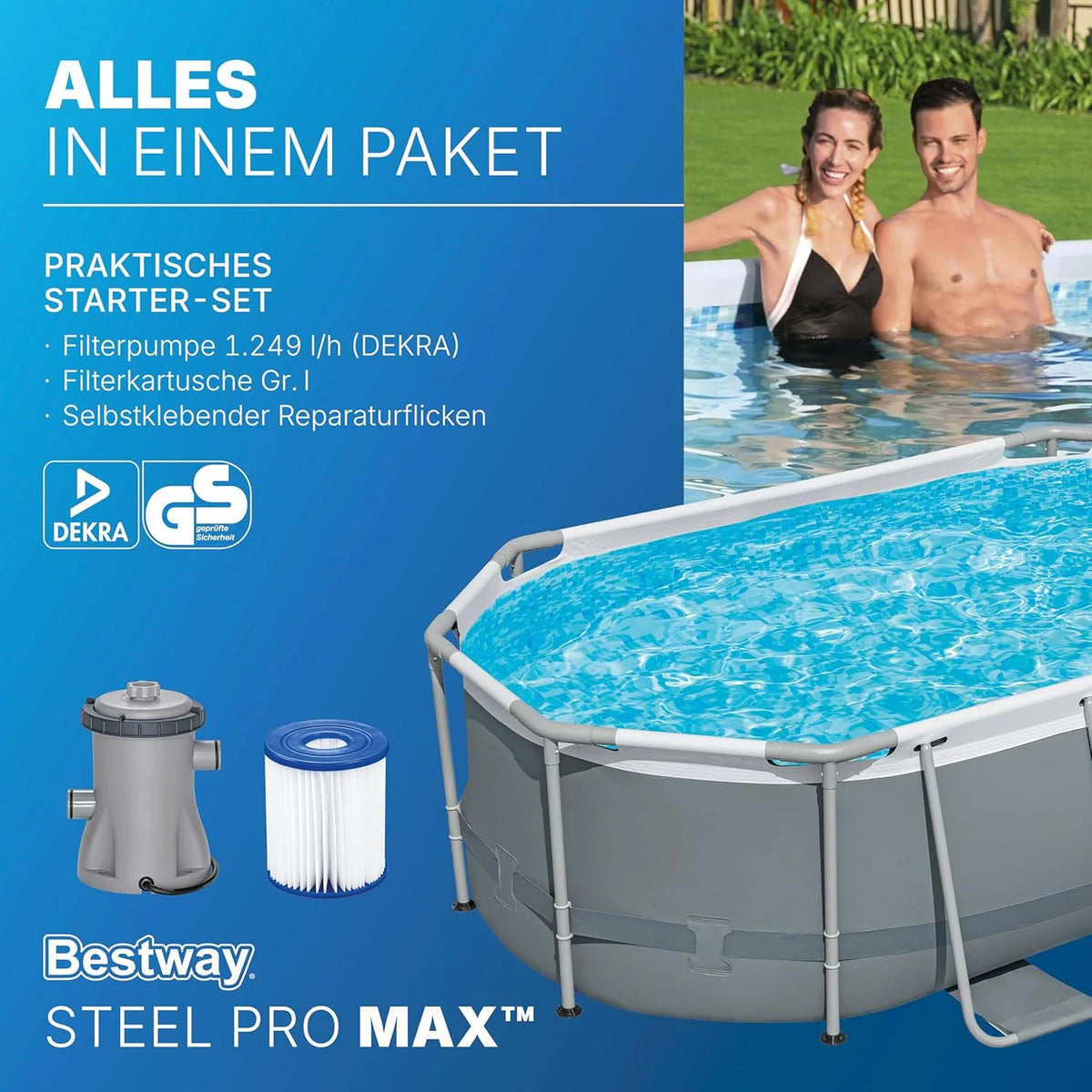 Bestway Power Steel Frame Pool Set mit Filterpumpe 305 x 200 x 84 cm. grau. oval