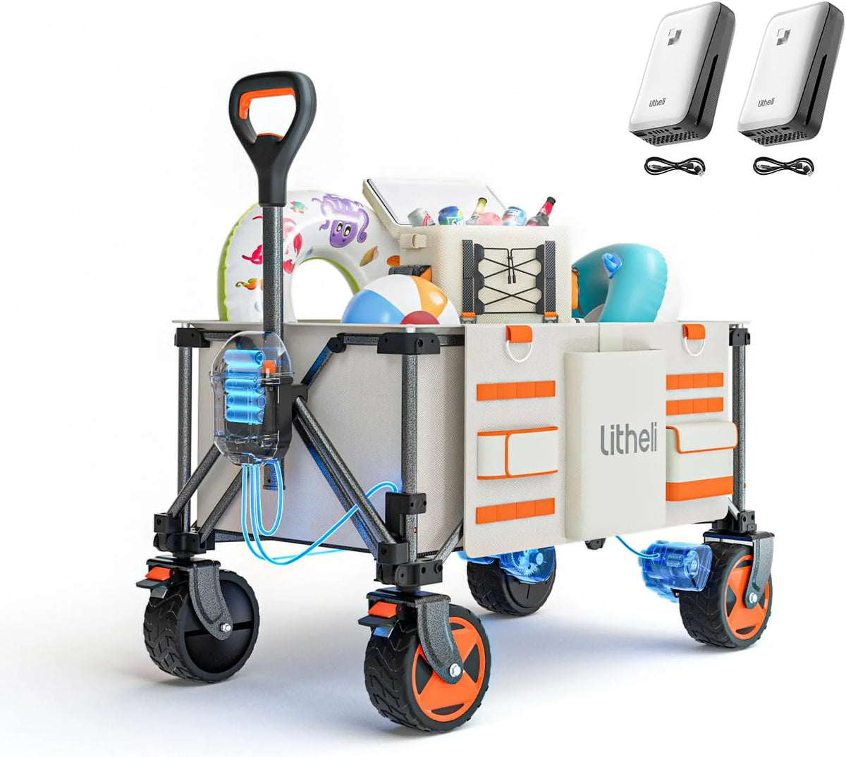 Utility truck. with a capacity of 200 liters and a load capacity of 300 pounds. featuring a foldable heavy-duty design. equipped with all-terrain wheels. featuring variable speed drive and battery power functions. suitable for camping. beaches. garde