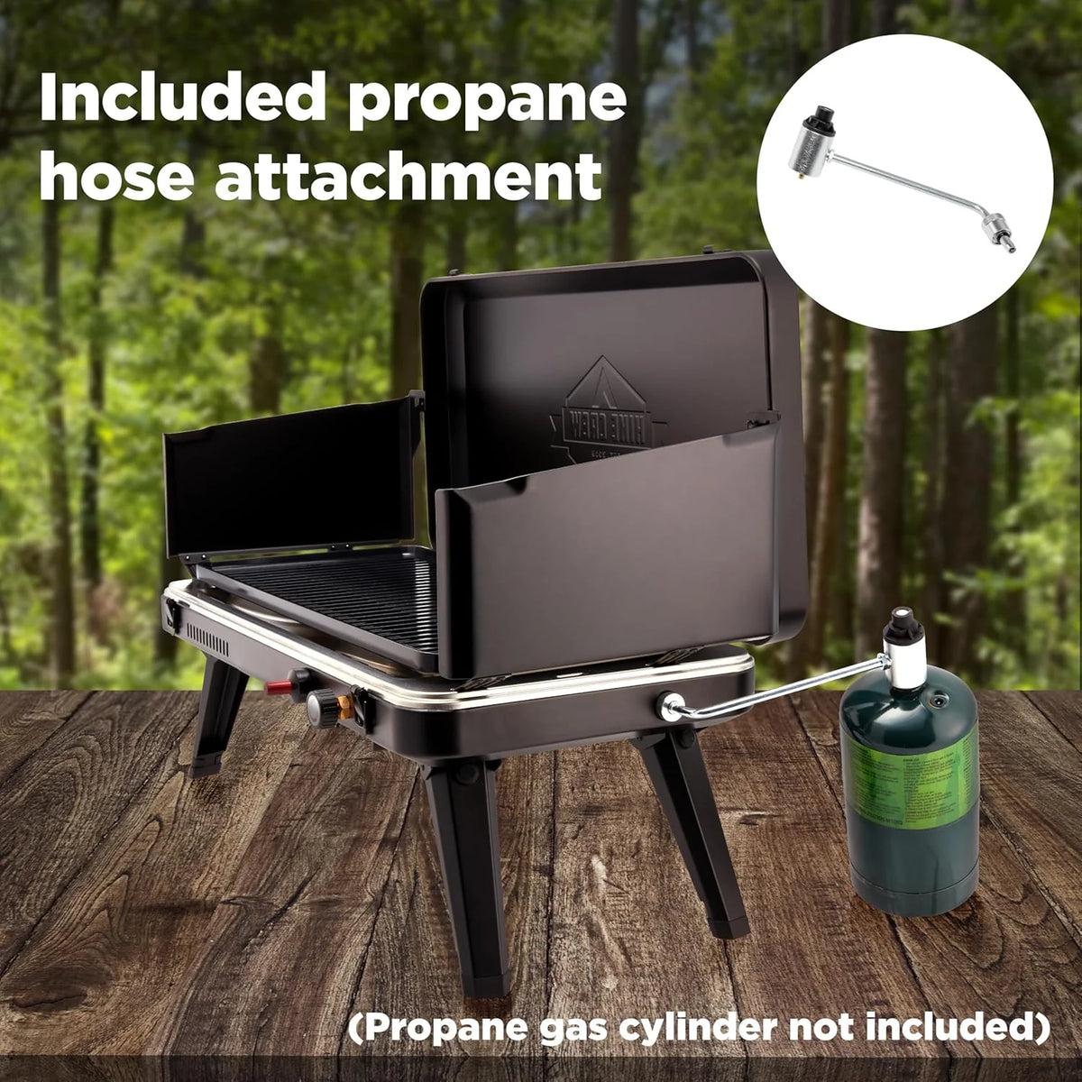 Gas camping barbecue grill | 13.000 watts | Portable liquefied gas burner | Foldable legs and feet | Integrated igniter and built-in regulator (with stainless steel drip tray) | Windproof panel and built-in handle