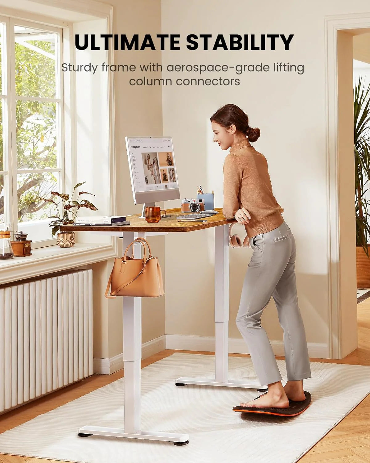 Height Adjustable Electric Standing Desk. 40 x 24 Inches Sit Stand up Desk. Small Memory Computer Home Office Desk with Two-Piece Desktop (Light Vintage Brown)