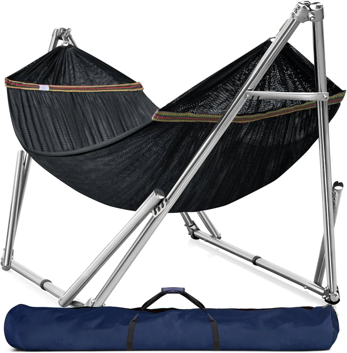 Double hammock with frame. with a load capacity of 650 pounds. double hammock with support rods. made of high-quality 201 stainless steel. assembled in 30 seconds. sturdy and flexible portable hammock frame. suitable for outdoor and indoor use. black