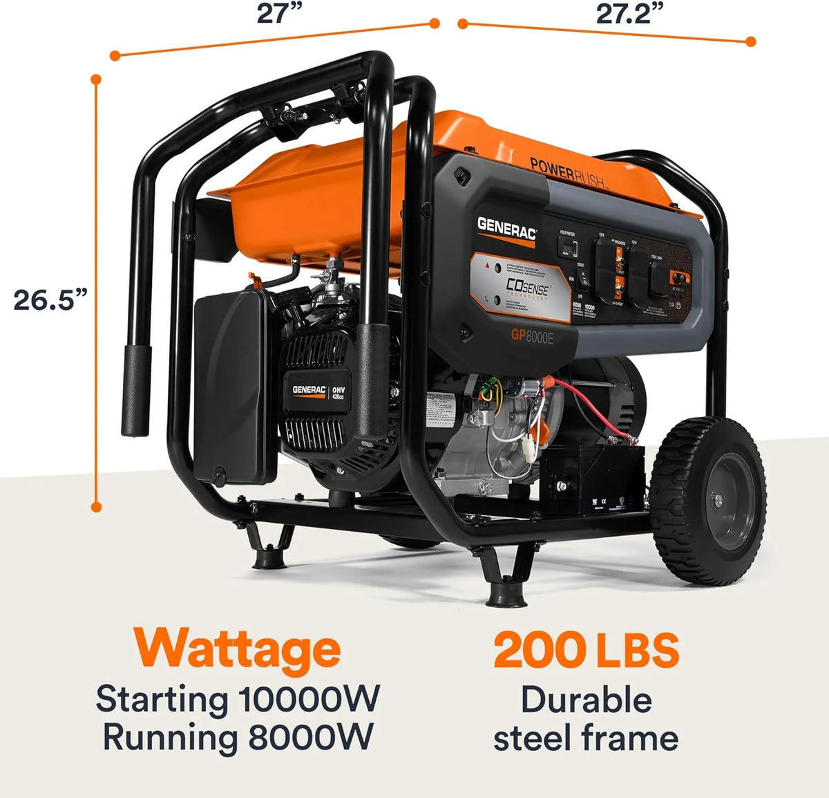 8.000-Watt Gas-Powered Portable Generator - Electric Start with COsense - PowerRush Advanced Technology - Reliable Power for Emergencies. Recreation. Home - 49 State Compliant - Orange/Black