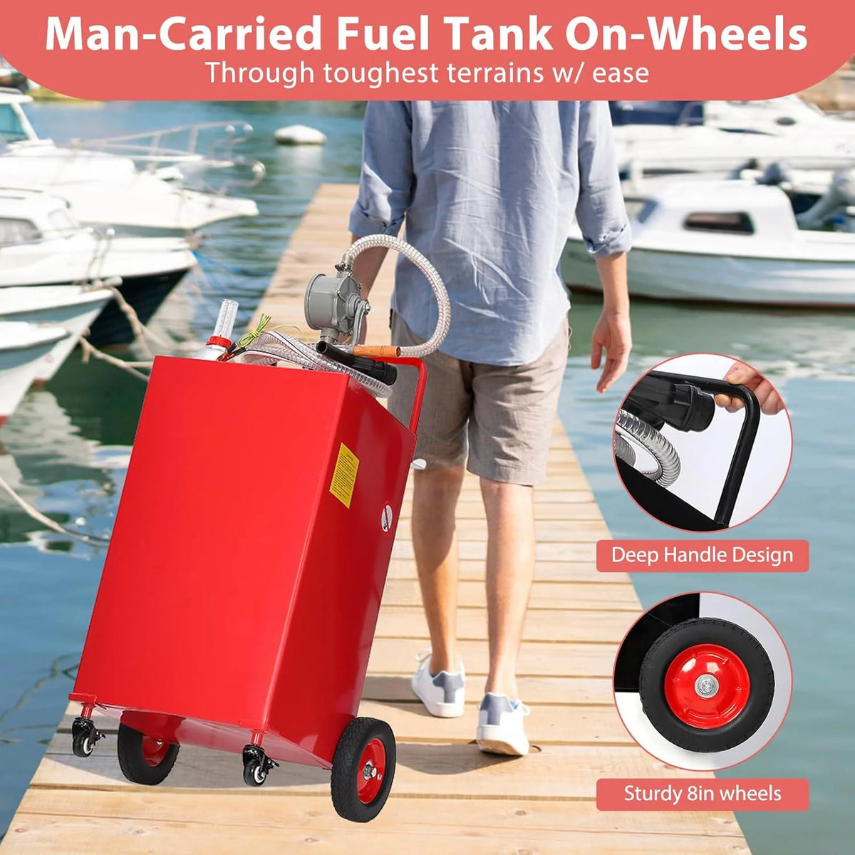 30 Gallon Fuel Caddy. Fuel Tank with Manual Transfer Pump for Gasoline & Diesel. Durable 4-Wheel Design. Mobile Fuel Storage for Cars. Trucks. Boats. Lawn Mowers. Red
