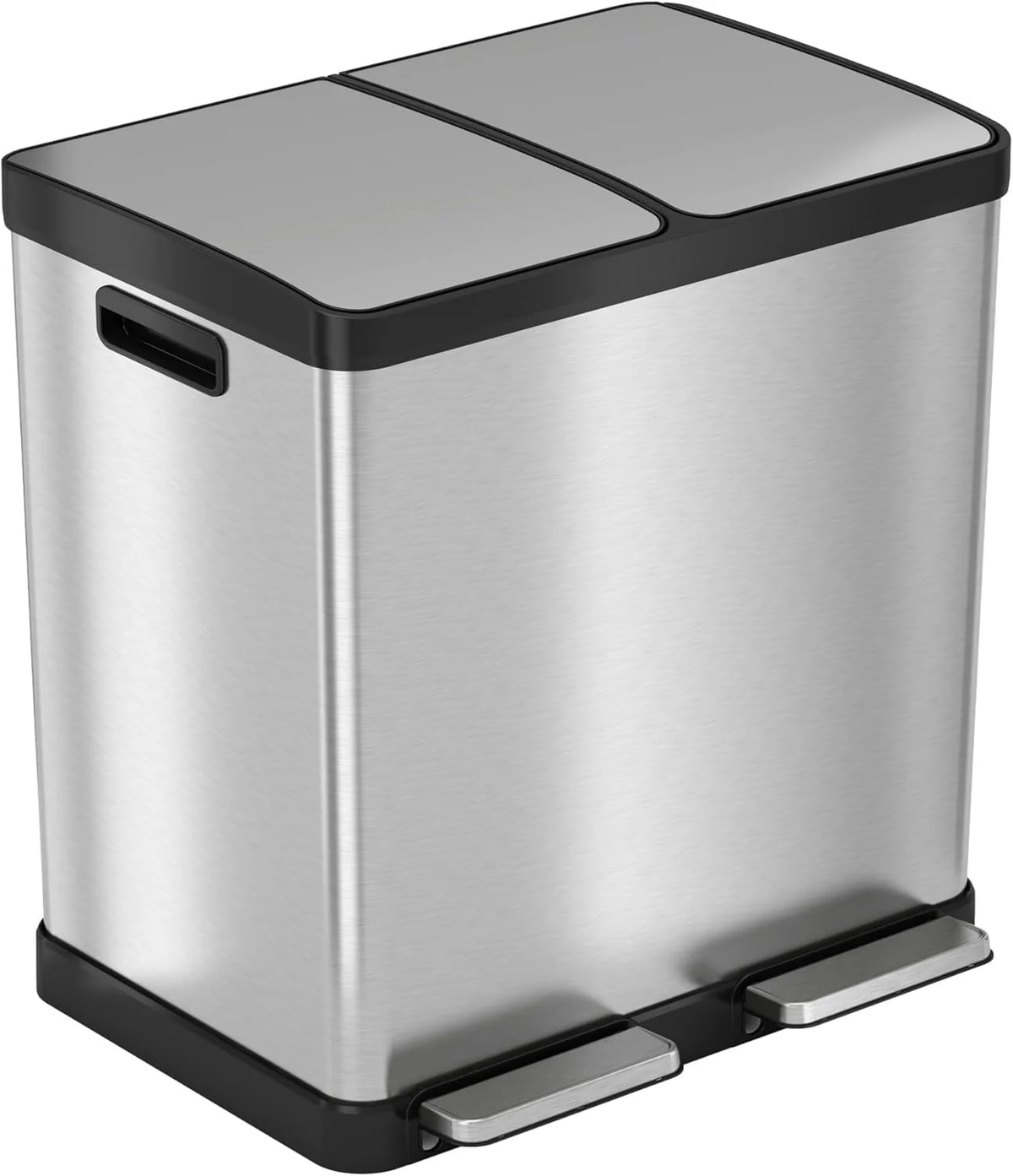 16-gallon contact-free trash and recycling bins. made of stainless steel. with a double compartment design (each compartment holds 8 gallons). suitable for recycling and waste disposal in the kitchen.