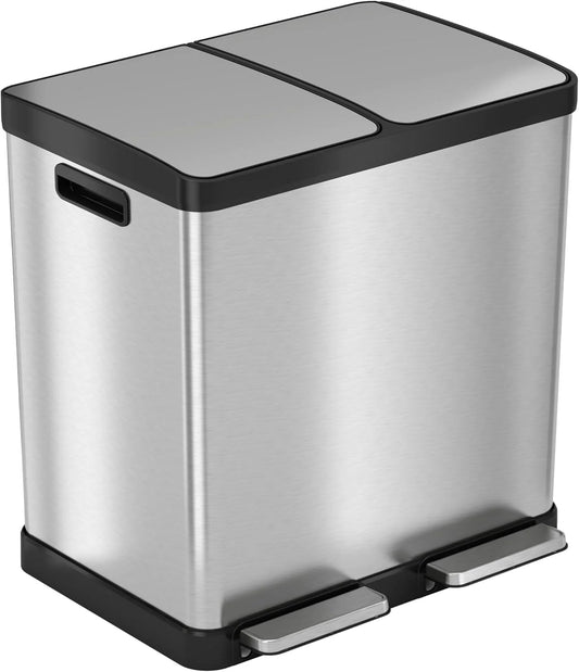 16-gallon contact-free trash and recycling bins. made of stainless steel. with a double compartment design (each compartment holds 8 gallons). suitable for recycling and waste disposal in the kitchen.